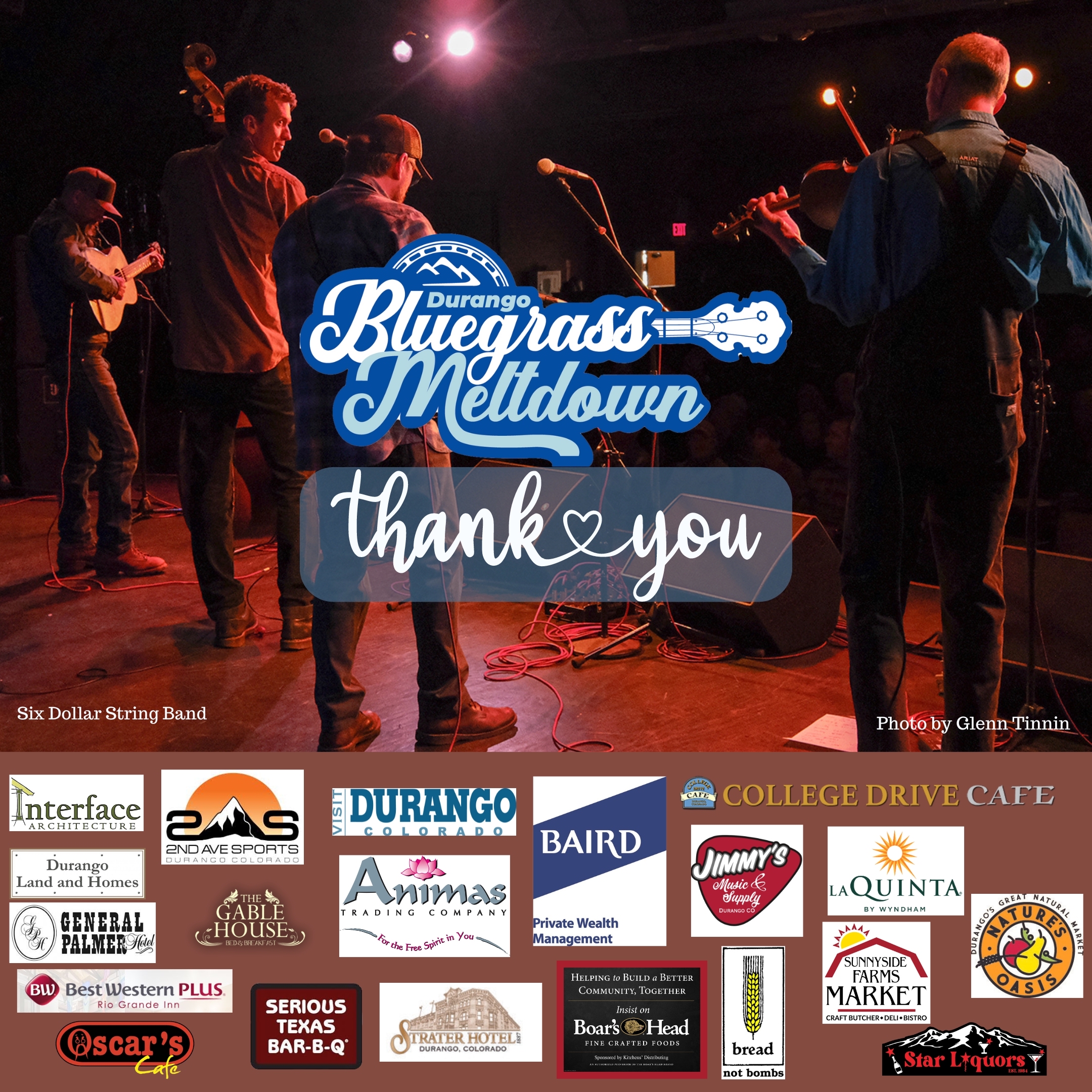 Durango Bluegrass Meltdown thank you poster with sponsor logos